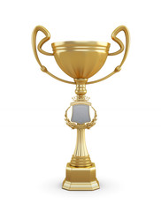 Gold trophy cup on a white background