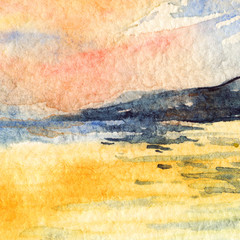 Watercolor sunset blue orange sky clouds sea landscape texture background