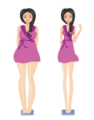 beautiful brunette checking her weight on scales