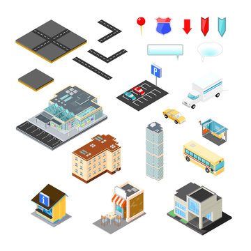 Isometric Urban Map Kit - Various icons to be used in making online maps or info graphics that are suited to commercial shopping with public transport. Apartment homes are also included.