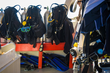 Set of diving equipment on the boat