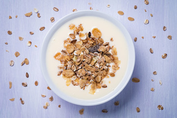 Muesli with yoghurt and fruit pieces, top view