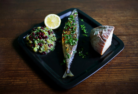 Mackrel grilled with eggplant puree and pommgranate