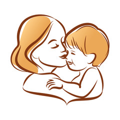 Mother with her baby, outline vector silhouette.