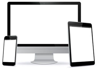 Computer Screen, Tablet PC and Mobile Phone Vector Illustration.