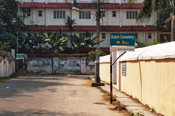 Dutch cemetery sign on the street in Fort Kochi