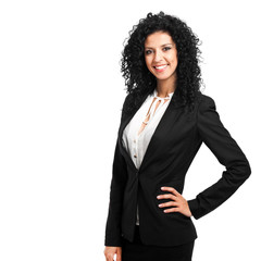 Friendly female manager on white background