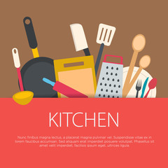 Flat design kitchen concept. Kitchen equipment background. Vector illustration.