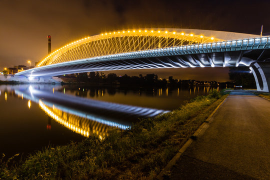 Night view of the Troja Bridge from the river Vltava, Trojsky most, Prague, Czech republic