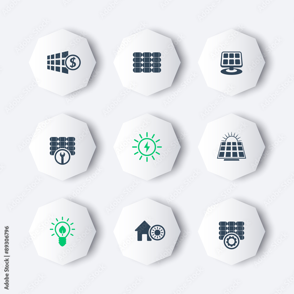 Poster Solar energy, panels, plant, octagon icons, vector illustration, eps10, easy to edit