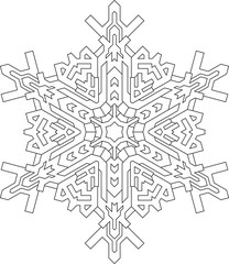Outlines of snowflake in mono line style for coloring, coloring