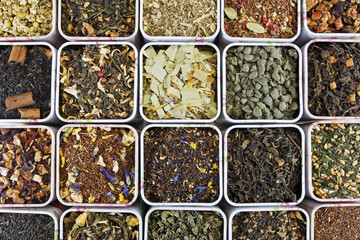 Samples of loose leaf, black, green, red, oolong, rooibos, fruit and herbal tea