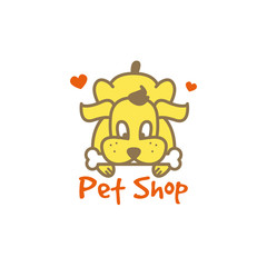 Vector cartoon yellow dog with bone logotype. Pet shop logo.