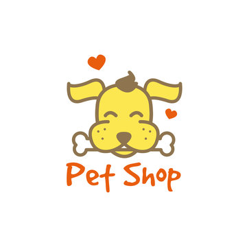 Vector cartoon yellow dog with bone logotype. Pet shop logo.
