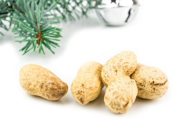 four peanuts in shell and christmas decoration 