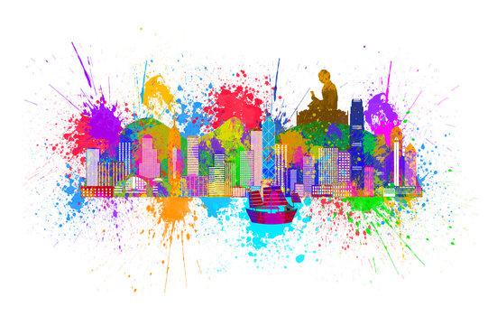 Hong Kong Skyline and Buddha Statue Splatter Color Illustration