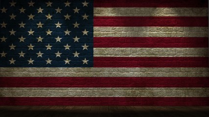 Fototapeta premium brick wall with us flag and wood floor with spotlights