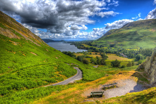 Elevated view Ullswater Lake District Cumbria England UK in summer HDR