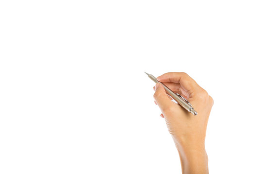 Pen in hand isolated on white background