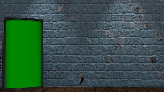 brick wall with green screen picture frames, wood floor