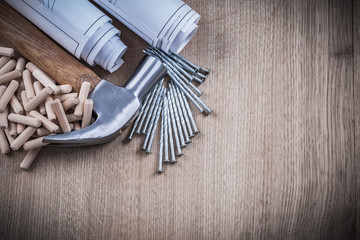 Construction plans claw hammer stack of dowels and nails