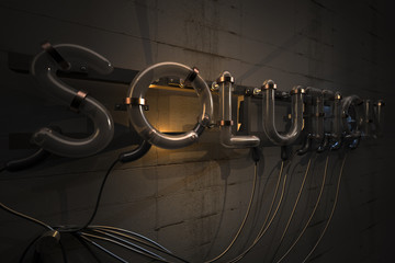 3 D render of neon sign written "Solution" turned off.