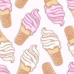 Cotton fabric Twisted ice cream cone. Stylized seamless pattern. Vector