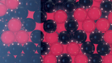 3 D render of red and black shiny spheres stacked in a glass container. The spheres are distributed randomly and they are reflecting each other.