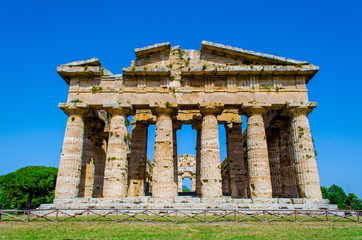 Detailed view of temple of Nettuno situated in ancient ruin complex in Paestum