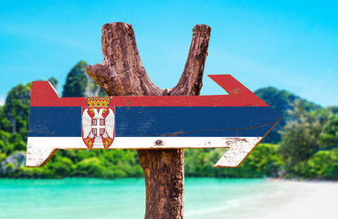Serbia Flag wooden sign with river background