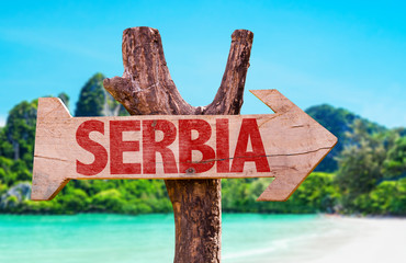 Serbia wooden sign with river background