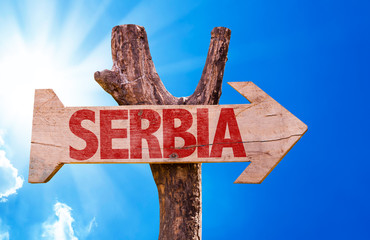 Serbia wooden sign with sky background