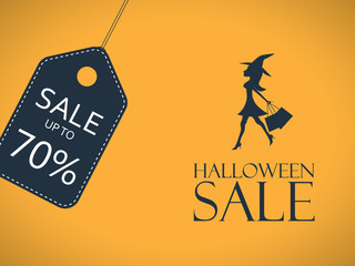Halloween sale poster. Discount sticker with sexy elegant witch