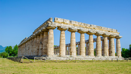 Detailed view of temple of Nettuno situated in ancient ruin complex in Paestum