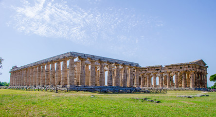 Detailed view of temple of Nettuno situated in ancient ruin complex in Paestum