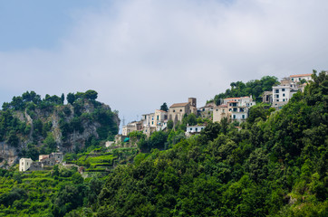 Fototapeta na wymiar view of steep hills of amalfi coast in italy in area near ravello city and atrani village.