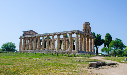 View over temple of Cerere situated in ancient ruin complex in Paestum