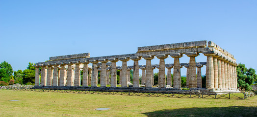 Detailed view of temple of Nettuno situated in ancient ruin complex in Paestum