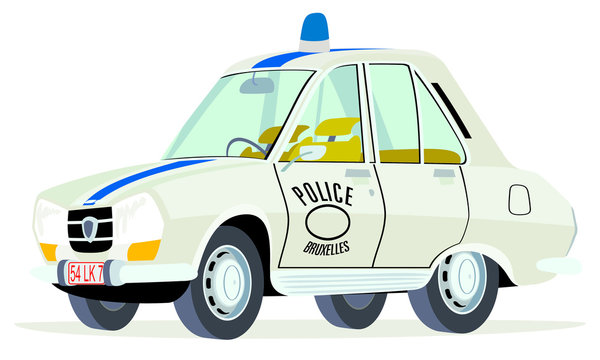 Caricatura Peugeot 504 policía Bruselas vista frontal y lateral