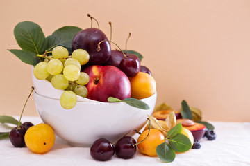 Fresh stone fruits in white bowl