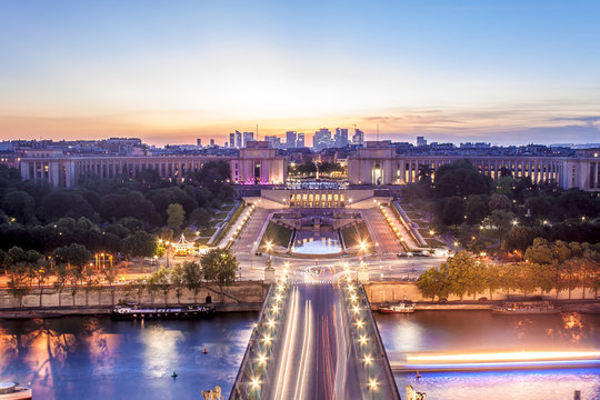 Long exposure picture of Trocadero at sunset from Eiffel Tower at Paris, France