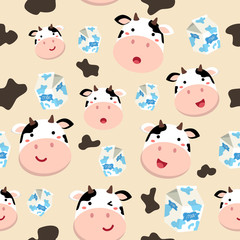 Seamless Pattern Cow and Milk Carton in Spotted Cream Background