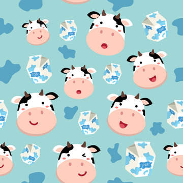 Seamless Pattern Cow Face and Plain Milk Carton in Spotted Blue Background