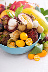 Exotic fruits in a blue bowl