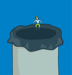 Tiny man sitting on the edge of trash bin