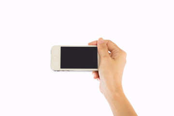 Human hand holding blank mobile smart phone isolated on white ba
