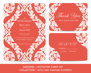 Wedding invitation cards set with thai painting elements