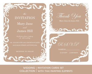 Wedding invitation cards set with thai painting elements