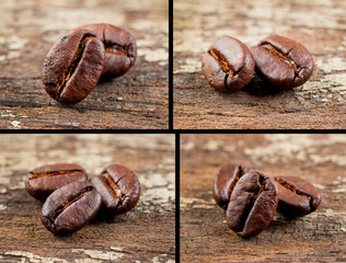 Coffee grains and green leaf on grunge wooden background
