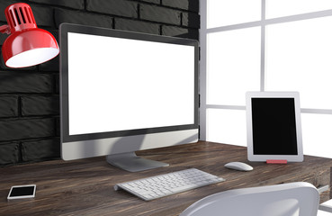 Fototapeta premium 3D illustration PC screen on table in office, Workspace